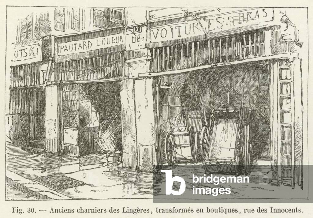 Anciens charniers des Lingeres, transformes en boutiques, rue des Innocents (engraving)