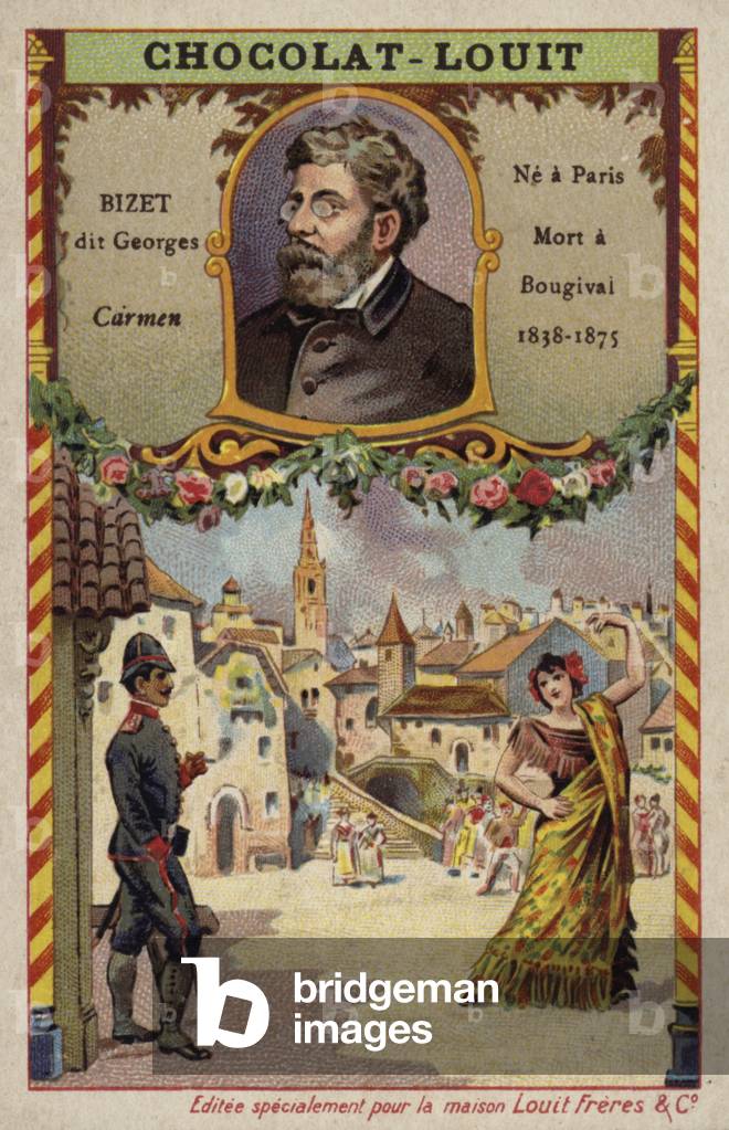 Georges Bizet, French composer, and a scene from his opera Carmen (chromolitho)