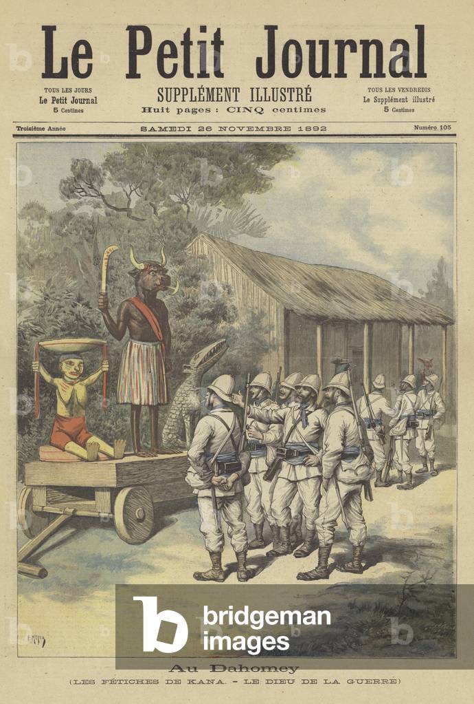 In Dahomey: the fetishes of Cana - the god of war (colour litho)