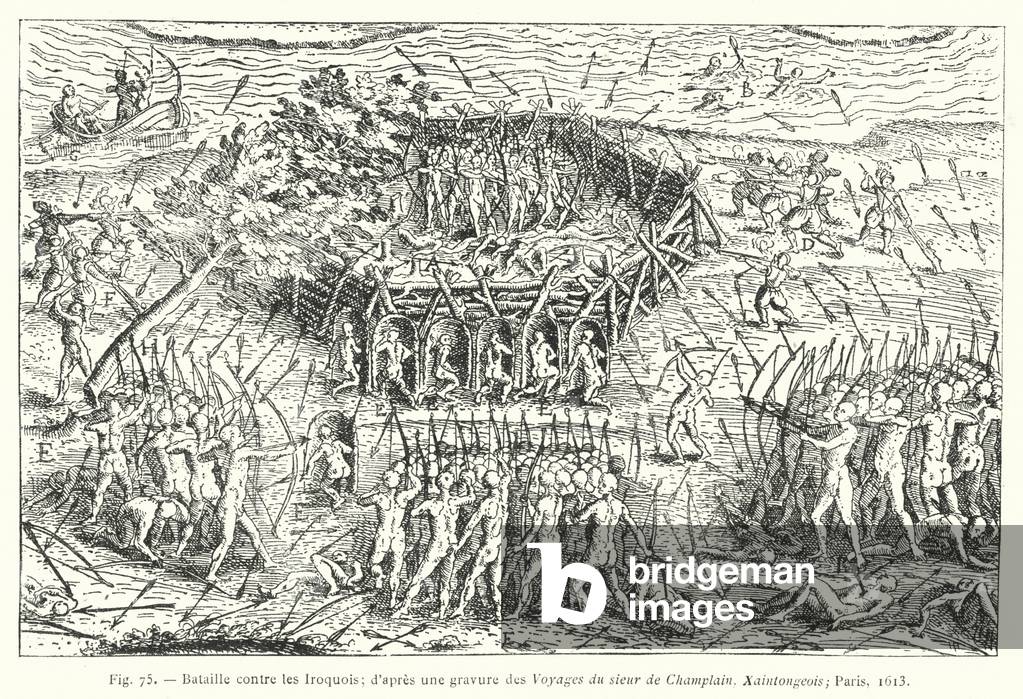 Bataille contre les Iroquois; d'apres une gravure des Voyages du sieur de Champlain, Xaintongeois, Paris, 1613 (engraving)