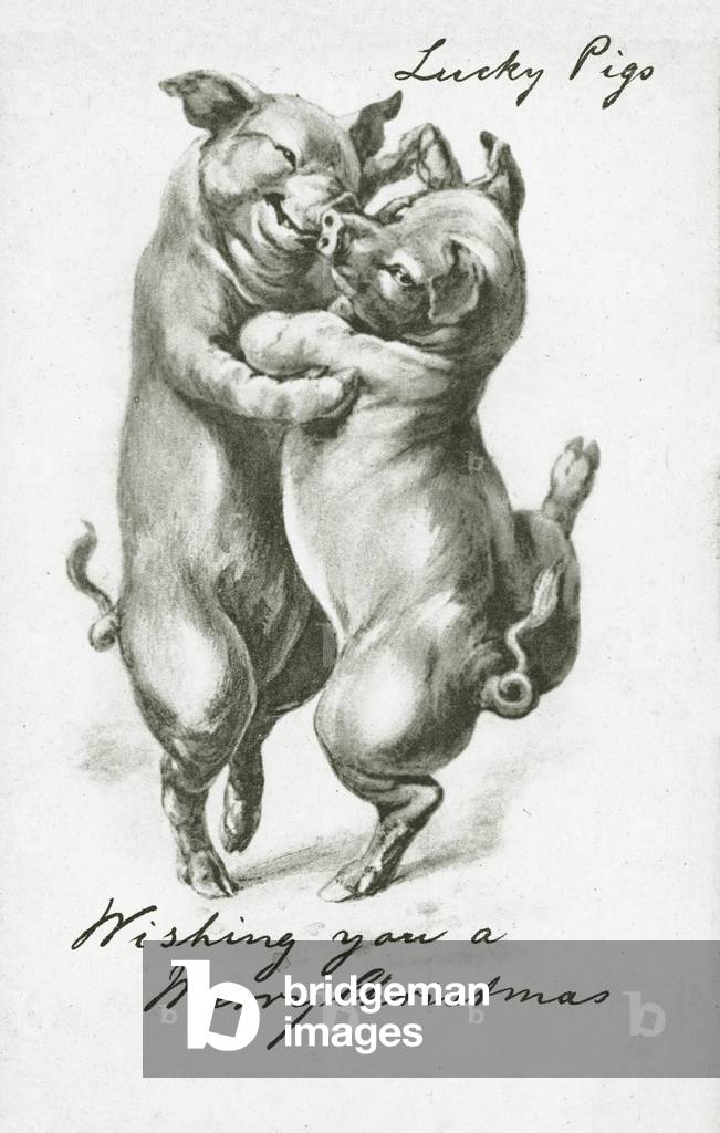 Dancing pigs, Christmas greetings card (litho)