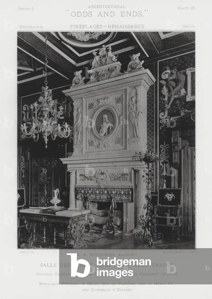 Fireplace: Salle Des Gardes, Chateau D'Anet, France (b/w photo)