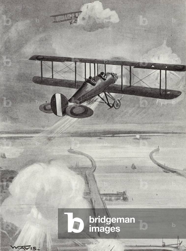 Squadron-Leader Richard Davies and Flight-Lieutenant Richard Peirse dropping bombs on the submarine station at Zeebrugge under heavy fire, 23 January 1915 (litho)