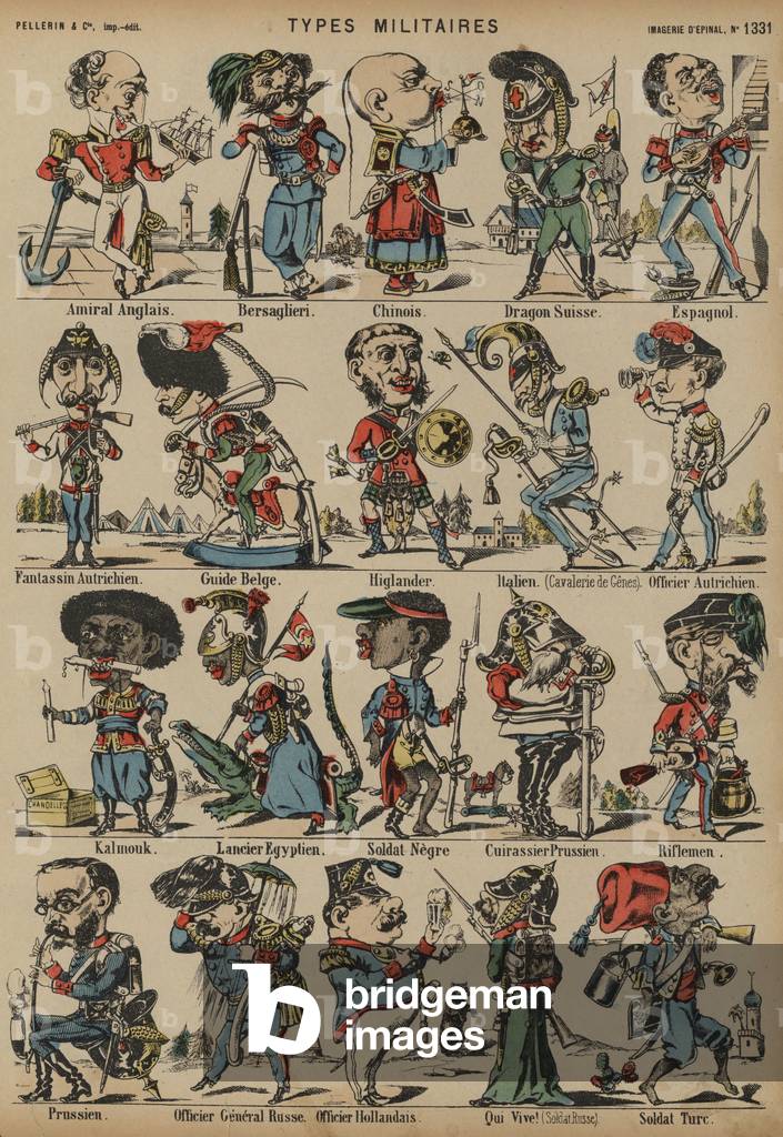 Caricatures of military figures (coloured engraving)