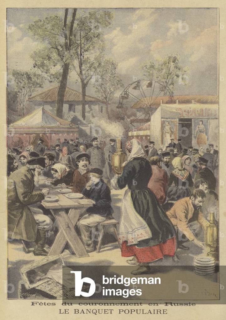 Public feast in celebration of the coronation of Tsar Nicholas II of Russia (colour litho)