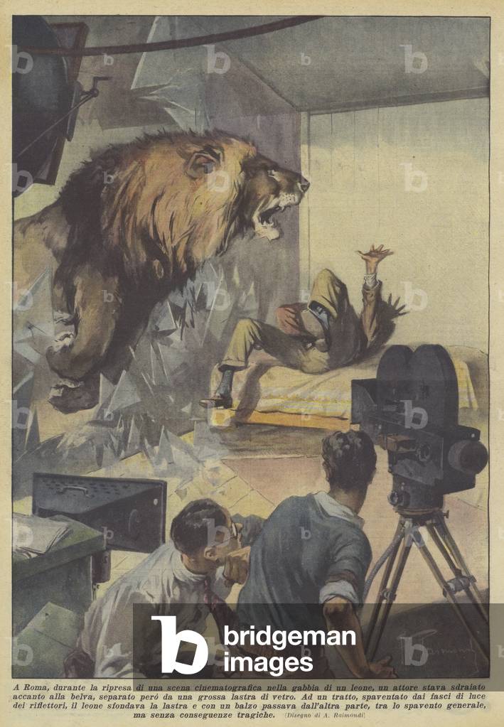 In Rome, during the shooting of a movie scene in a lion's cage, an actor was  (colour litho)