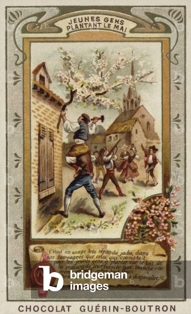 Attaching a May branch to the roof of the house of one's fiancee (chromolitho)