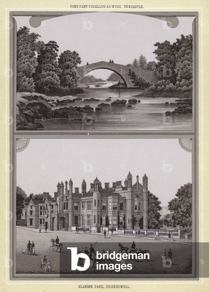 Pont-pant-ysgallog-ar-wysg, Trecastle; Glanusk Park, Crickhowell (litho)