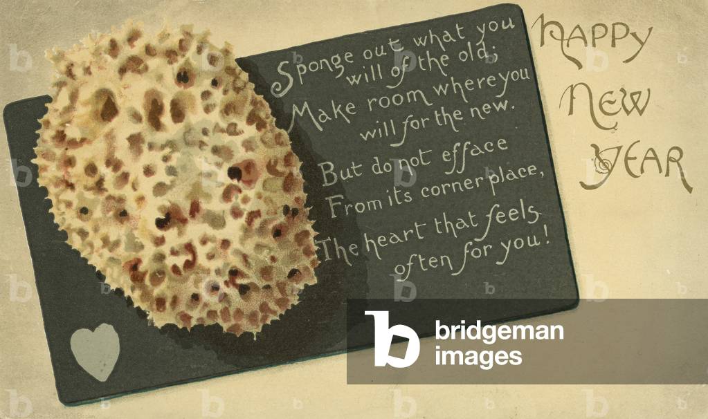Sponge and message of love written on a slate or chalkboard, New Year's Greetings Card (colour litho)