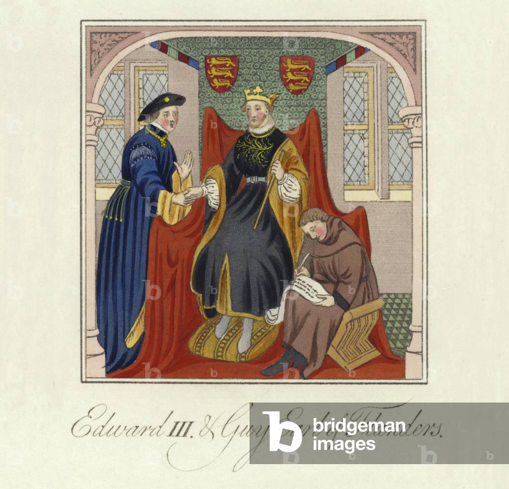 King Edward III of England and Guy, Count of Flanders, 14th Century (coloured engraving)