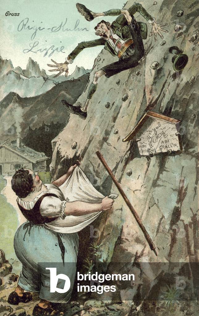 Woman catching man falling from mountain (colour litho)