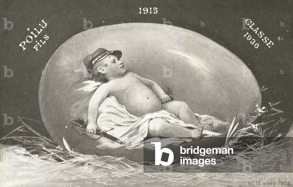 1915, Easter card showing already armed baby soldier in egg (b/w photo)
