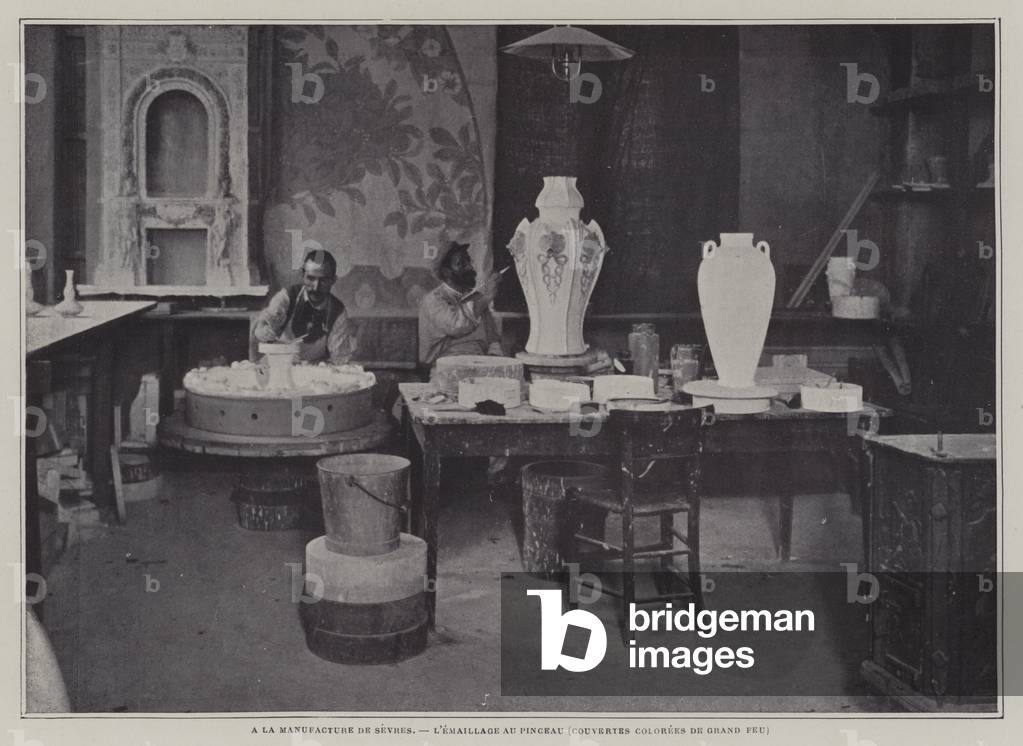 Enamelling by brush at the Sevres porcelain factory, France (b/w photo)