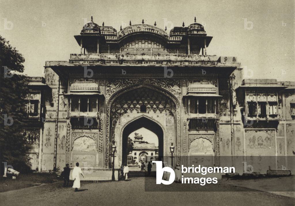 India, Jaipur, Outer gate of the palace (b/w photo)