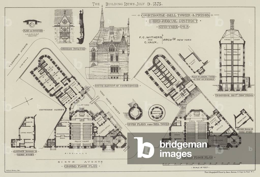 Courthouse, Bell Tower and Prison, Third Judicial District, New York, USA (engraving)