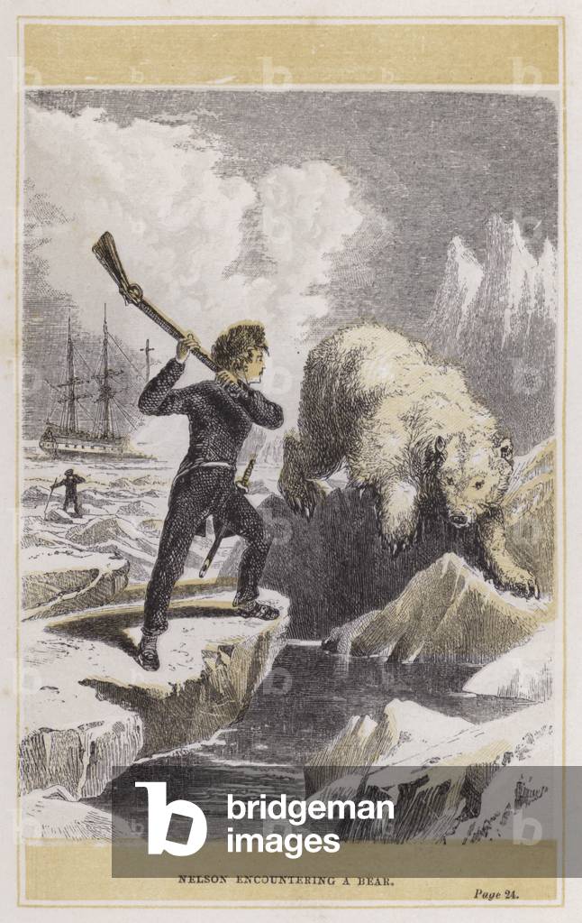 Nelson encountering a bear (coloured engraving)