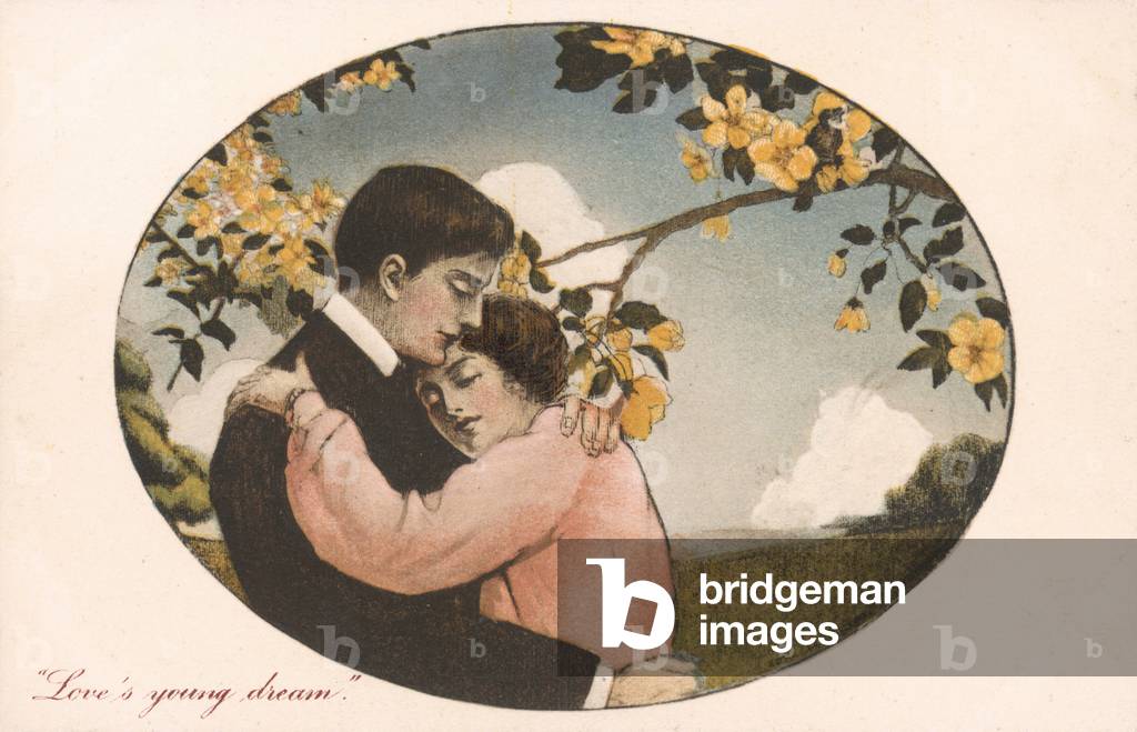 Love's young dream: couple embracing under a tree covered in spring blossom (colour litho)