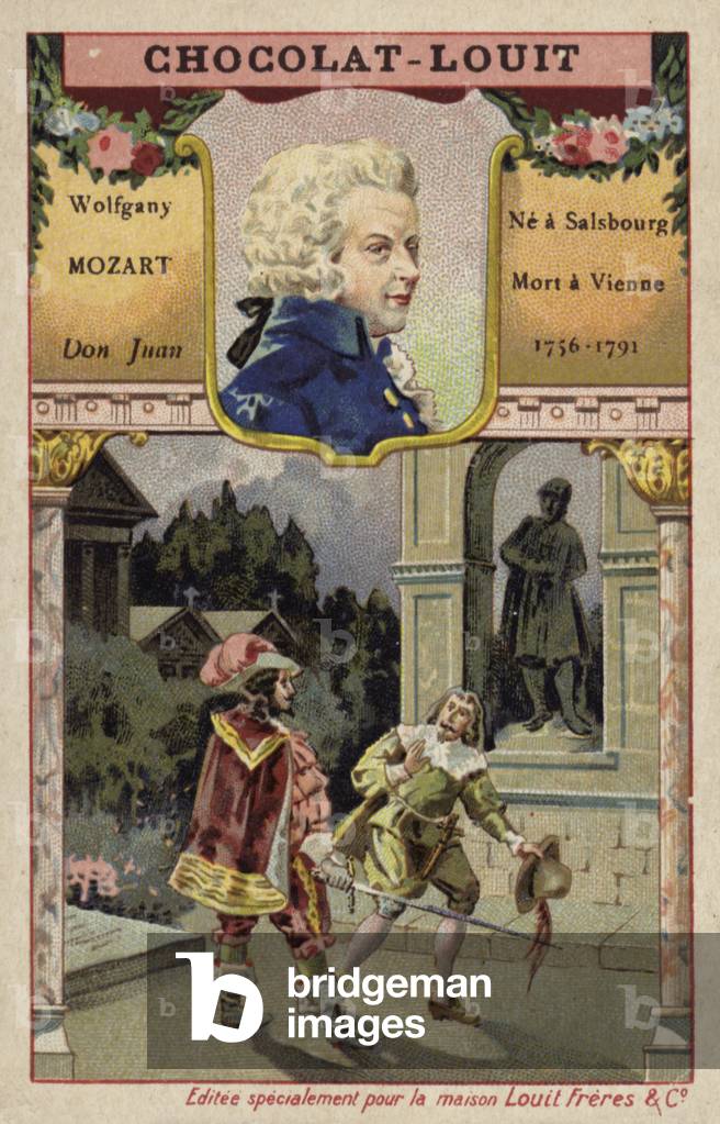 Wolfgang Amadeus Mozart, Austrian composer, and a scene from his opera Don Juan (chromolitho)