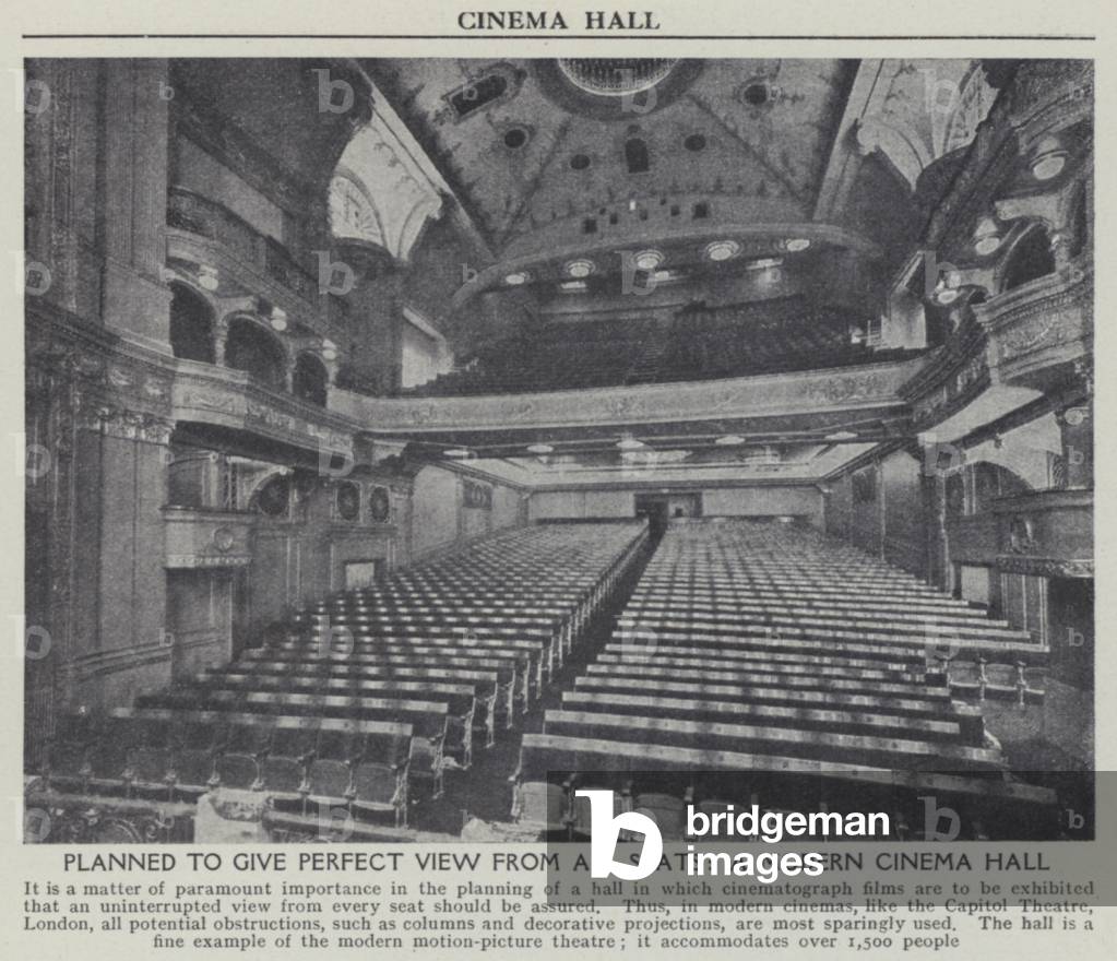 Planned to give perfect view from all seats, A modern cinema hall (b/w photo)