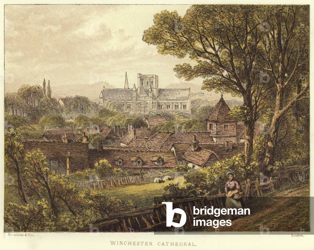 Winchester Cathedral in Winchester (colour litho)