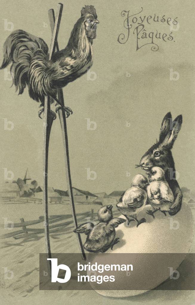 Easter card with rooster on stilts (litho)