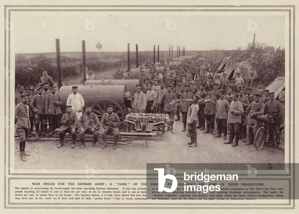 War bread for the German Army, a park of the enemy's field-bakeries and some of their productions (b/w photo)