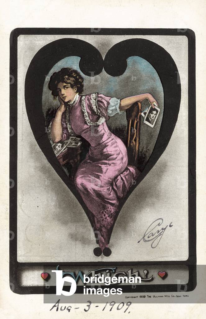 Girl considering the relative attractions of her lovers (colour litho)