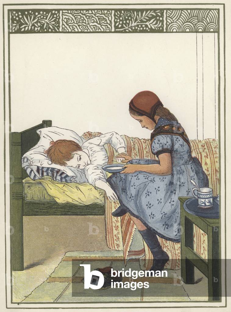 The sick child (colour litho)