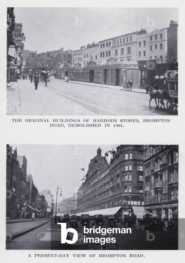 The original buildings of Harrods Stores, Brompton Road, demolished in 1901; A present-day view of Brompton Road (b/w photo)