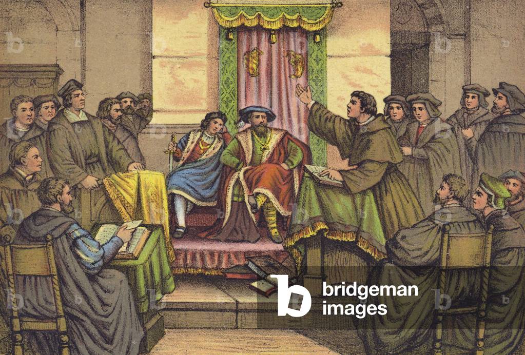 Luther's disputation with Dr Eck in Leipzig, 1519 (chromolitho)