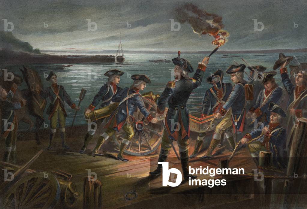 US Army, artillery retreat from Long Island, 1776 (colour litho)