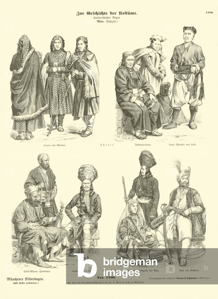 Tibetan and Kashmiri costumes, 19th Century (engraving)