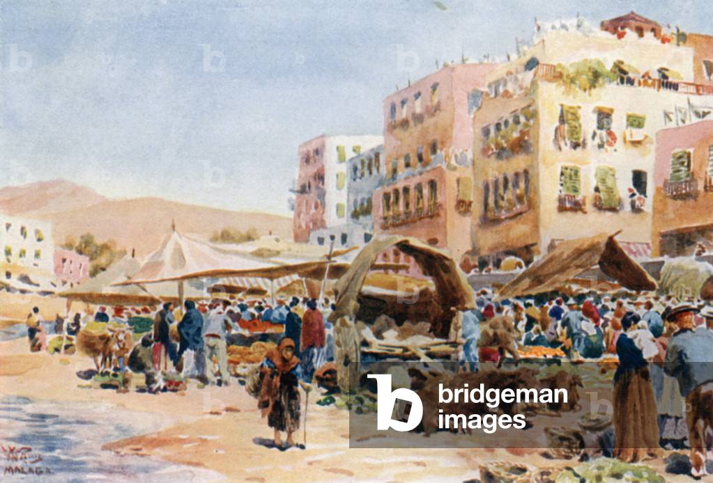 Malaga, the market (colour litho)