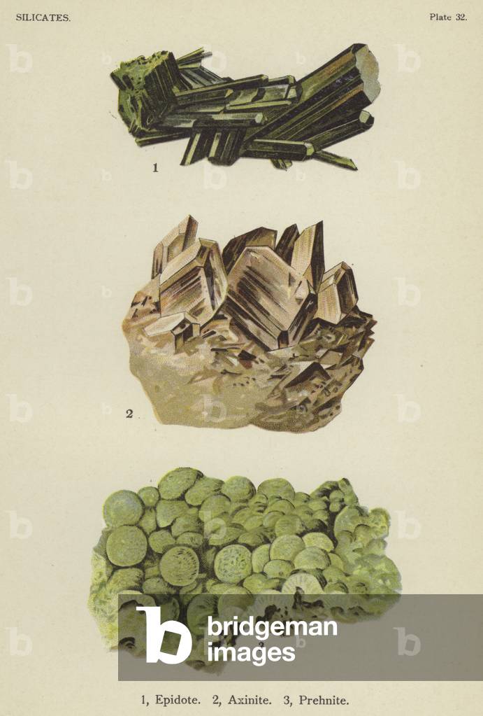 Silicates, epidote, axinite, prehnite (colour litho)