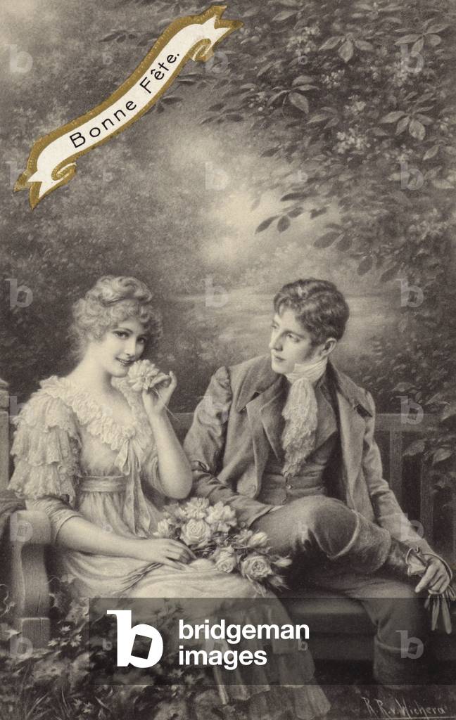 Couple on a bench (colour litho)