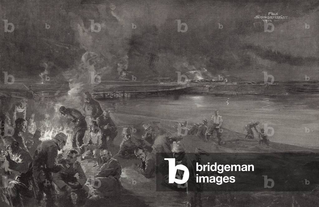 Germans on the watch at the river Maas (litho)