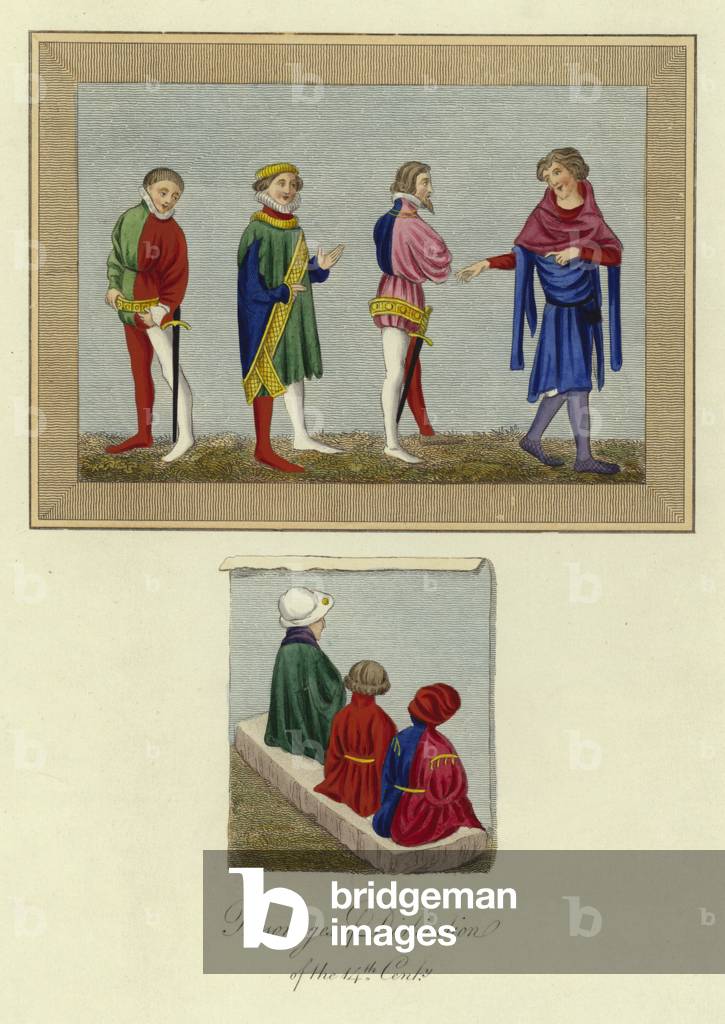 Personages of distinction of the 14th Century (coloured engraving)