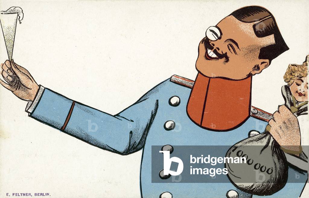German officer holding a champagne flute and a sack of money (colour litho)
