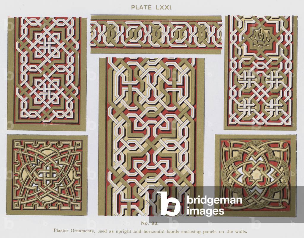 Plaster Ornaments, used as upright and horizontal bands enclosing panels on the walls (colour litho)