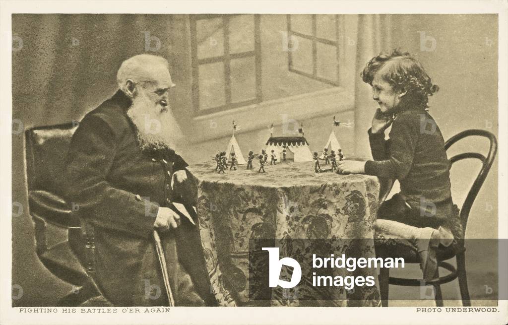 Fighting his battles o'er again (b/w photo)