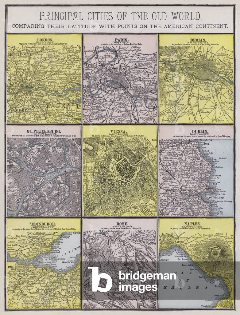 Principal cities of the Old World (coloured engraving)