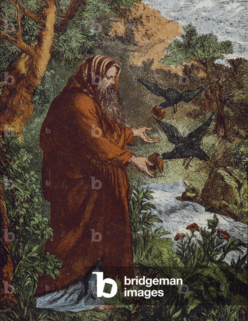 Elijah and the Ravens (coloured engraving)