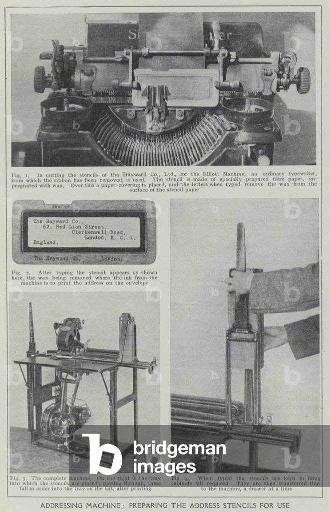 Addressing machine, Preparing the address stencils for use (b/w photo)
