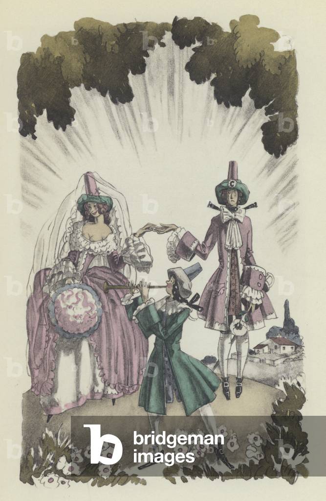 Illustration for Voltaire's Candide (colour litho)