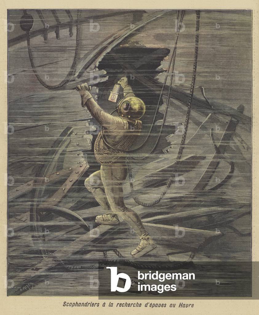Diver in diving suit inspecting a wreck at Le Havre, France, 1892 (print)