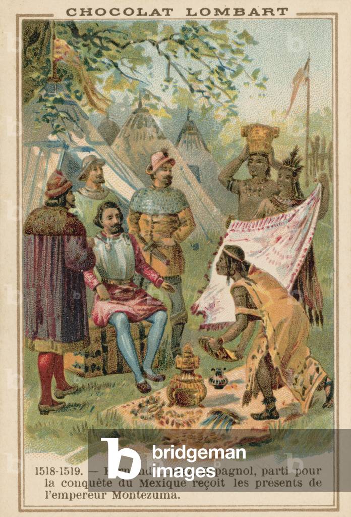 Hernan Cortes, Spanish conquistador, receiving gifts from the Aztec Emperor Montezuma, Mexico, 1518-1519 (chromolitho)