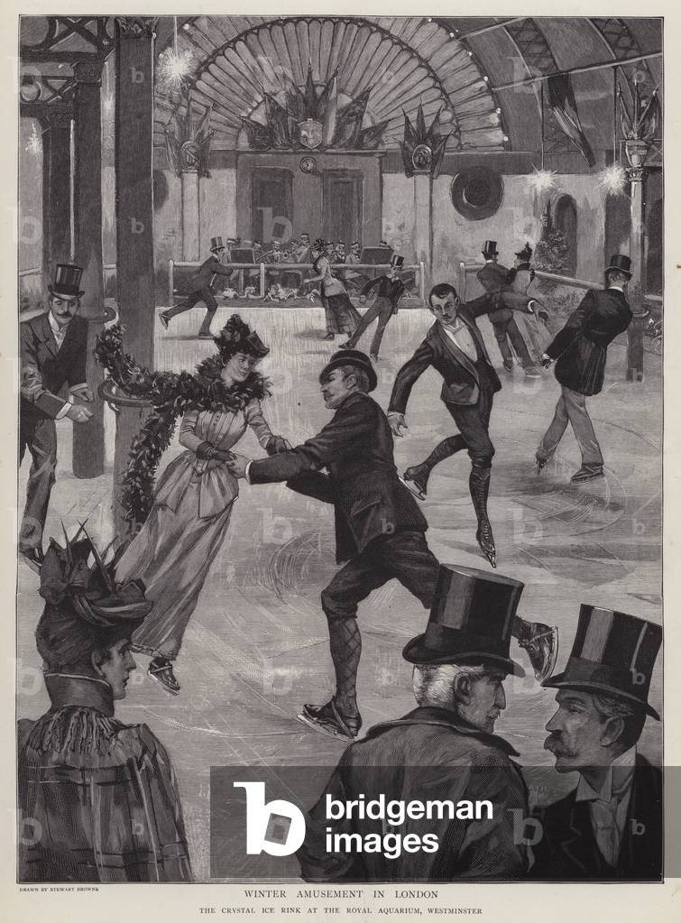 Skating at the Crystal Ice Rink at the Royal Aquarium, Westminster, London (litho)