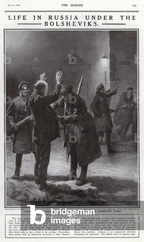 Life under Bolshevik rule in Russia: Red Guards searching a man out on the streets at night (litho)