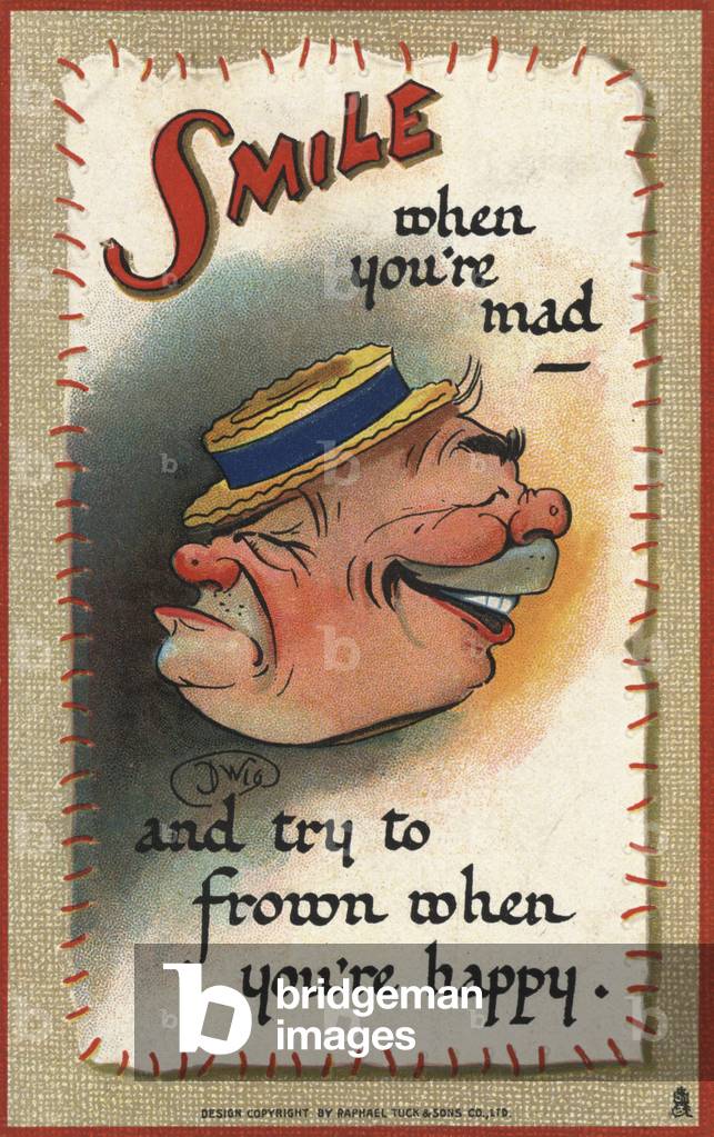 Smiling and frowning faces (colour litho)