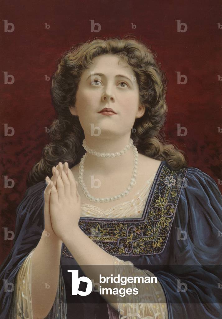 Girl in blue dress, wearing pearls, hands clasped (chromolitho)